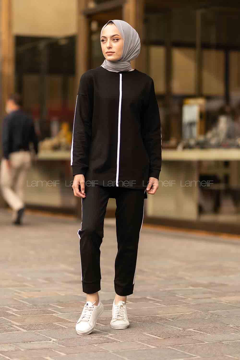 Modalamelif Bisiklet Yaka Şerit Detaylı Dar Paça İkili Takım Siyah