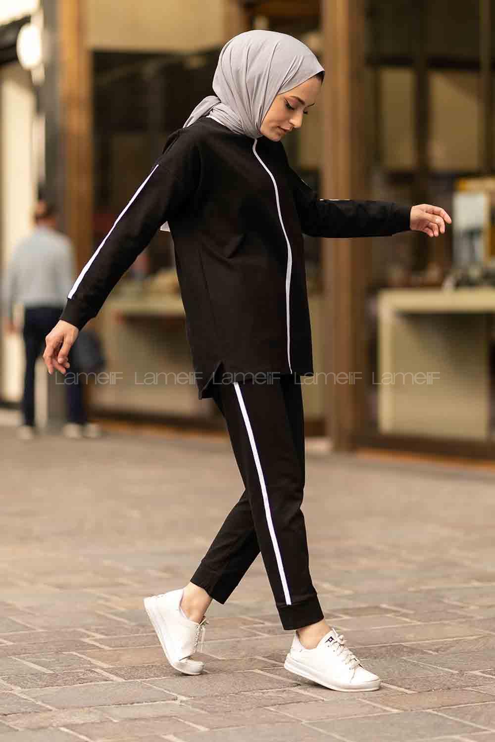 Modalamelif Bisiklet Yaka Şerit Detaylı Dar Paça İkili Takım Siyah