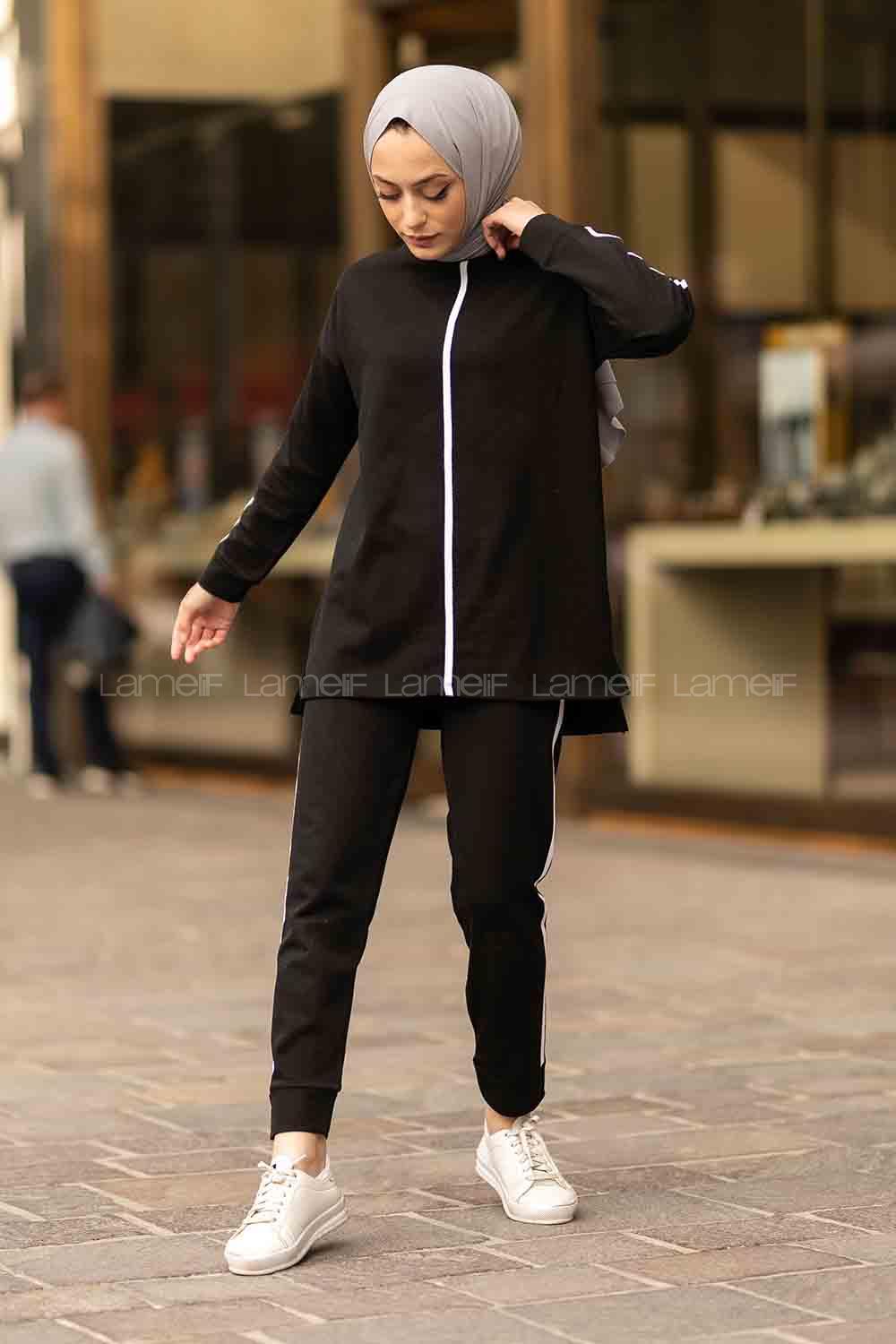 Modalamelif Bisiklet Yaka Şerit Detaylı Dar Paça İkili Takım Siyah