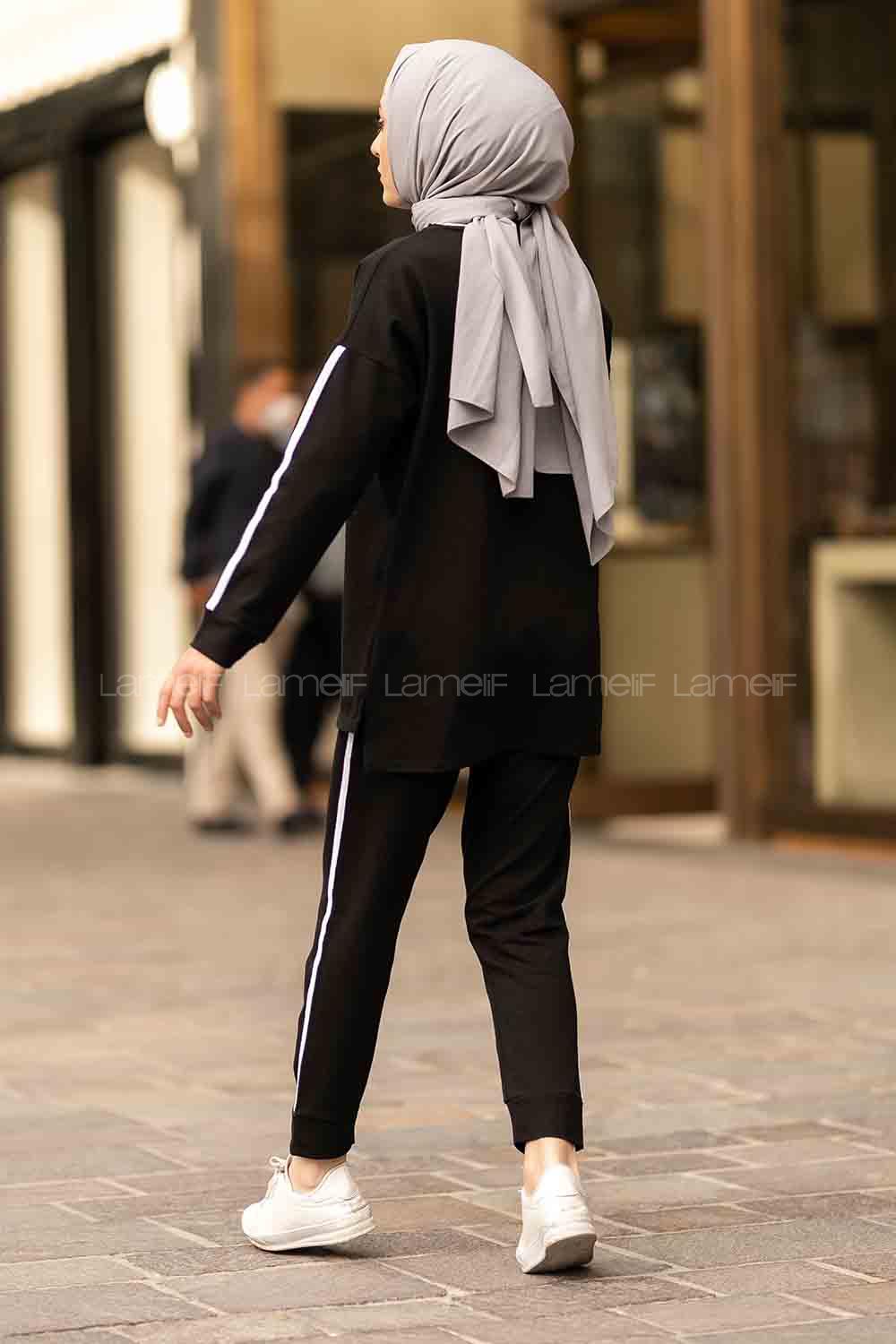 Modalamelif Bisiklet Yaka Şerit Detaylı Dar Paça İkili Takım Siyah