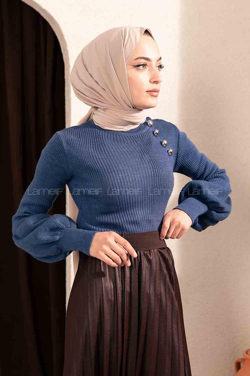 Modalamelif Yarım Balıkçı Yaka Düğme Detaylı Balon Kol Kazak İndigo