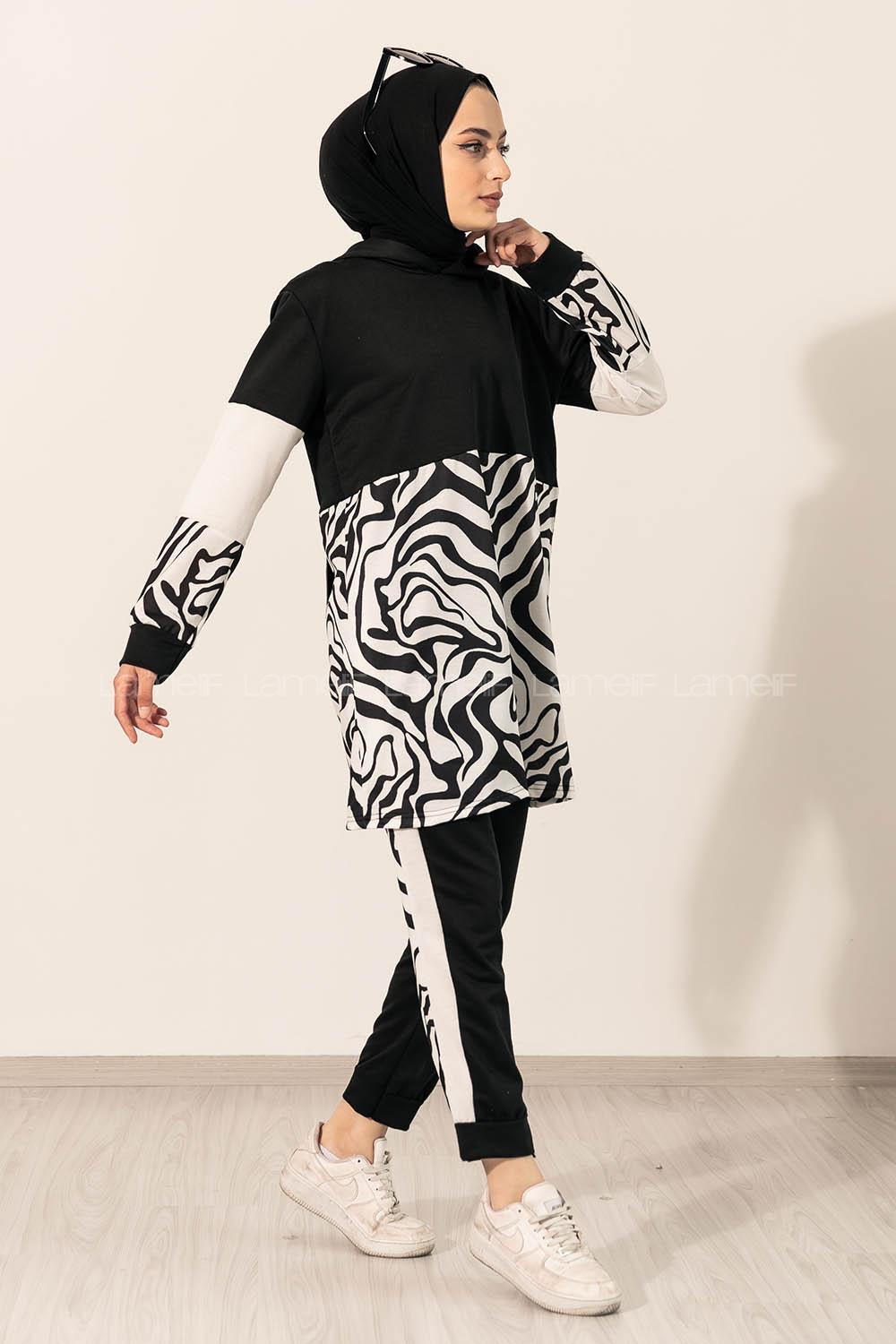 Modalamelif Kapüşonlu Kol Garnili Zebra Desen Takım Siyah-Beyaz