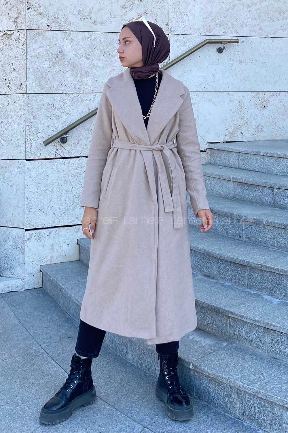 Lamelif Kuşak Bağlamalı Kaşe Kaban Bej