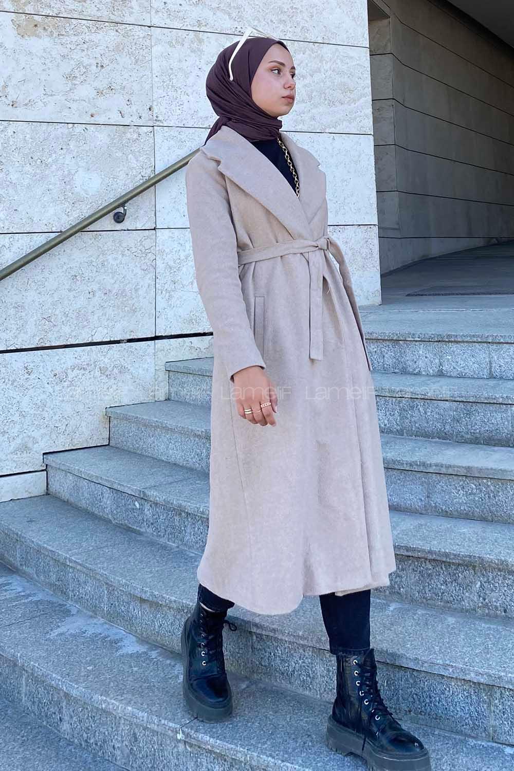 Lamelif Kuşak Bağlamalı Kaşe Kaban Bej