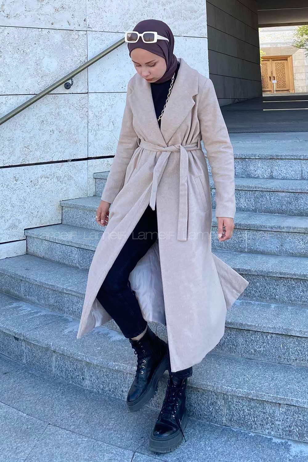 Lamelif Kuşak Bağlamalı Kaşe Kaban Bej