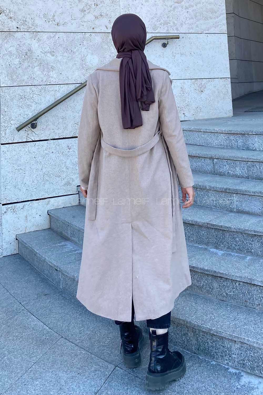 Lamelif Kuşak Bağlamalı Kaşe Kaban Bej