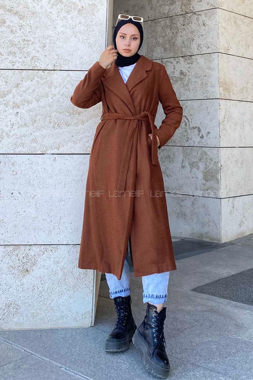 Lamelif Kuşak Bağlamalı Kaşe Kaban Kiremit