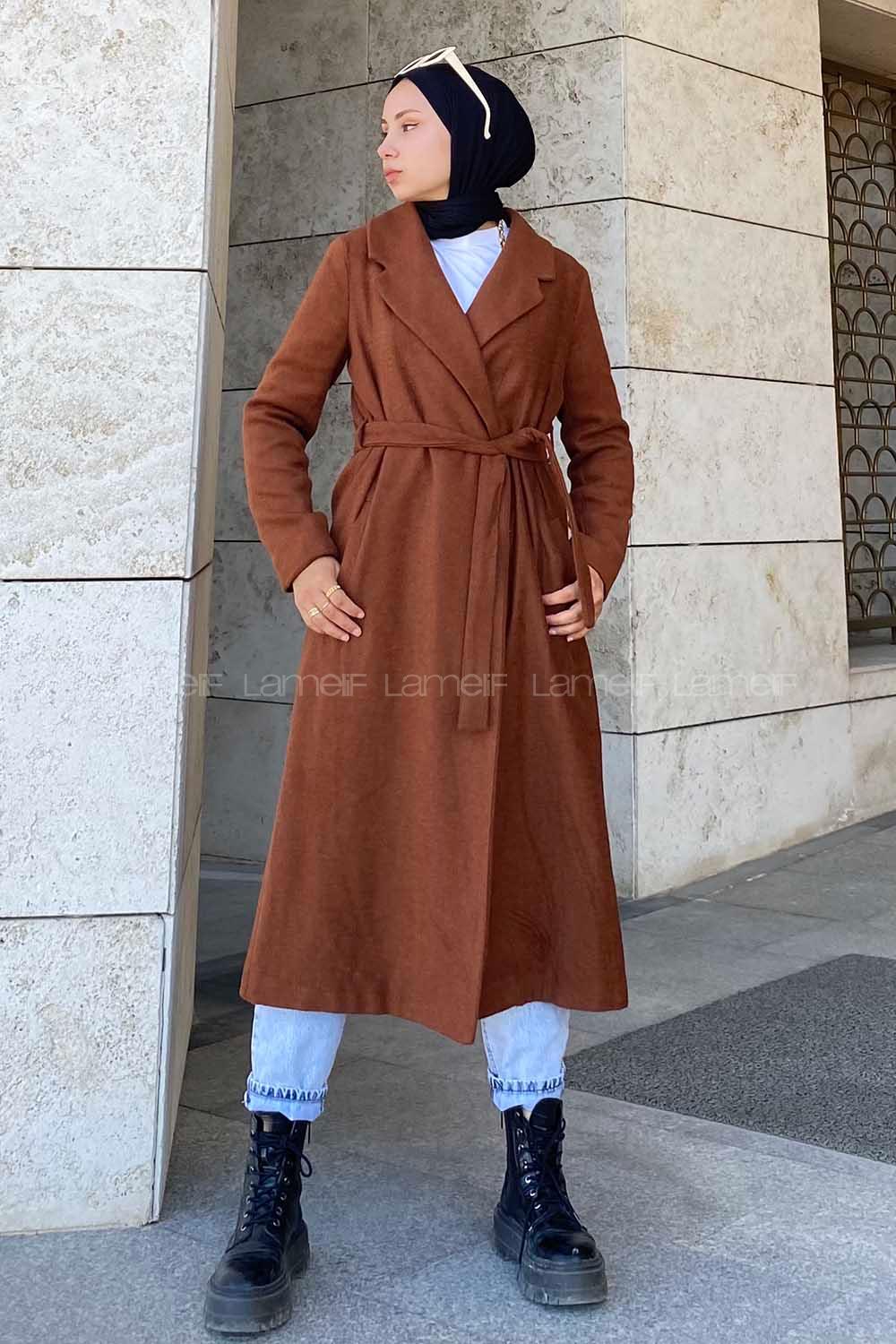 Lamelif Kuşak Bağlamalı Kaşe Kaban Kiremit