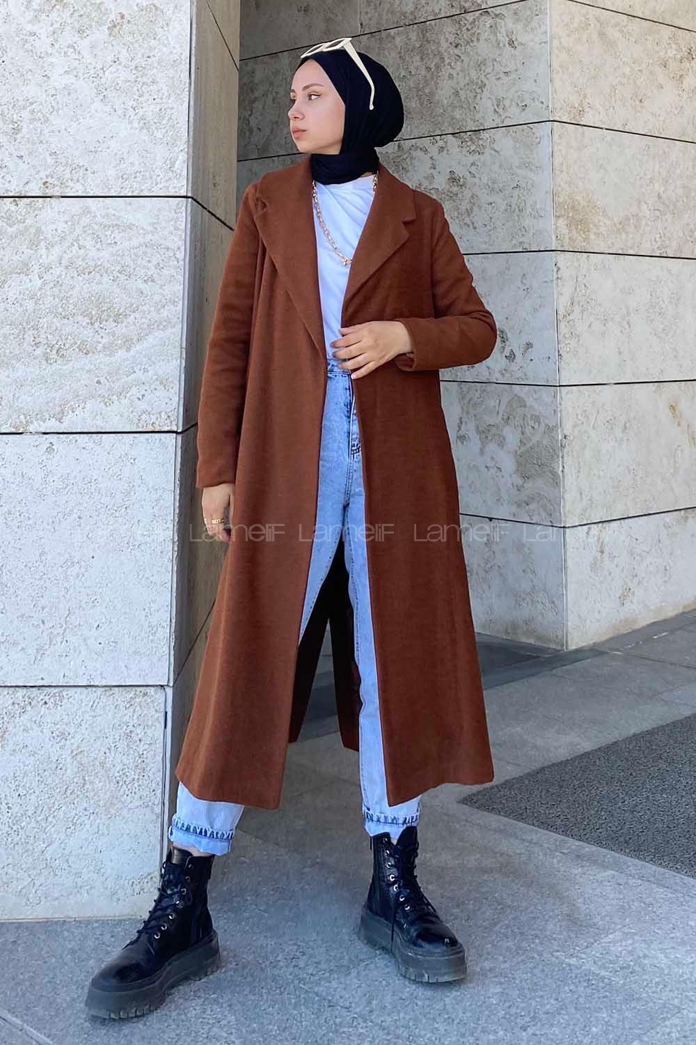 Lamelif Kuşak Bağlamalı Kaşe Kaban Kiremit