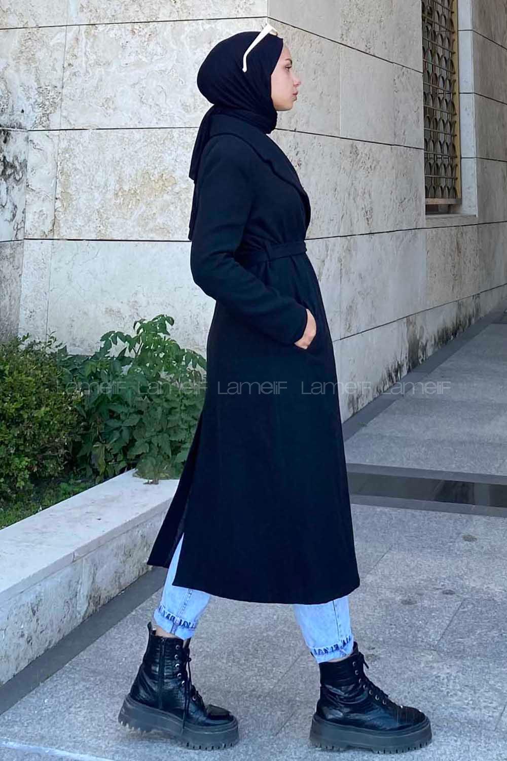 Modalamelif Kuşak Bağlamalı Kaşe Kaban Siyah