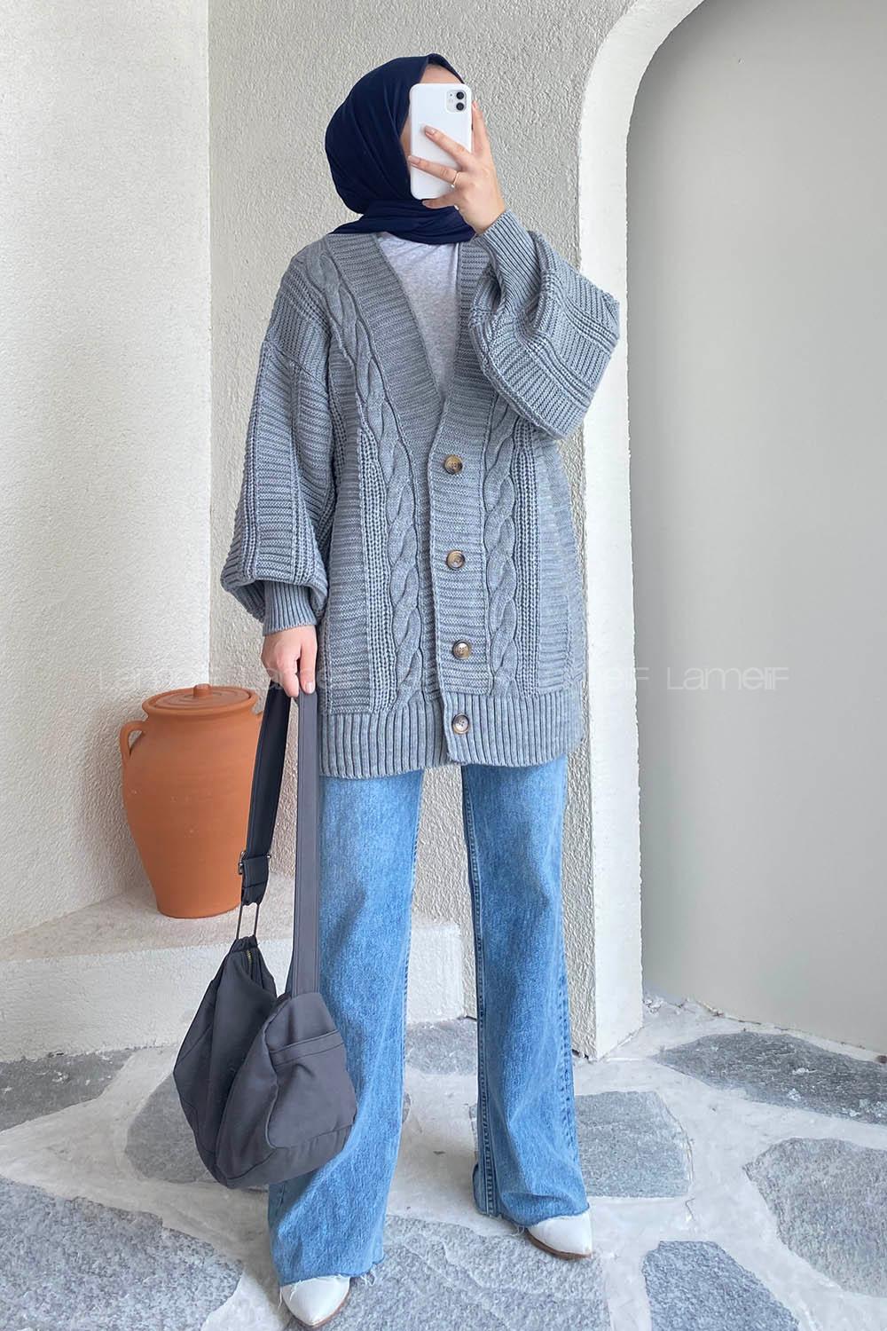 Modalamelif Balon Kol Örgü Desen Ön Düğmeli Hırka Gri