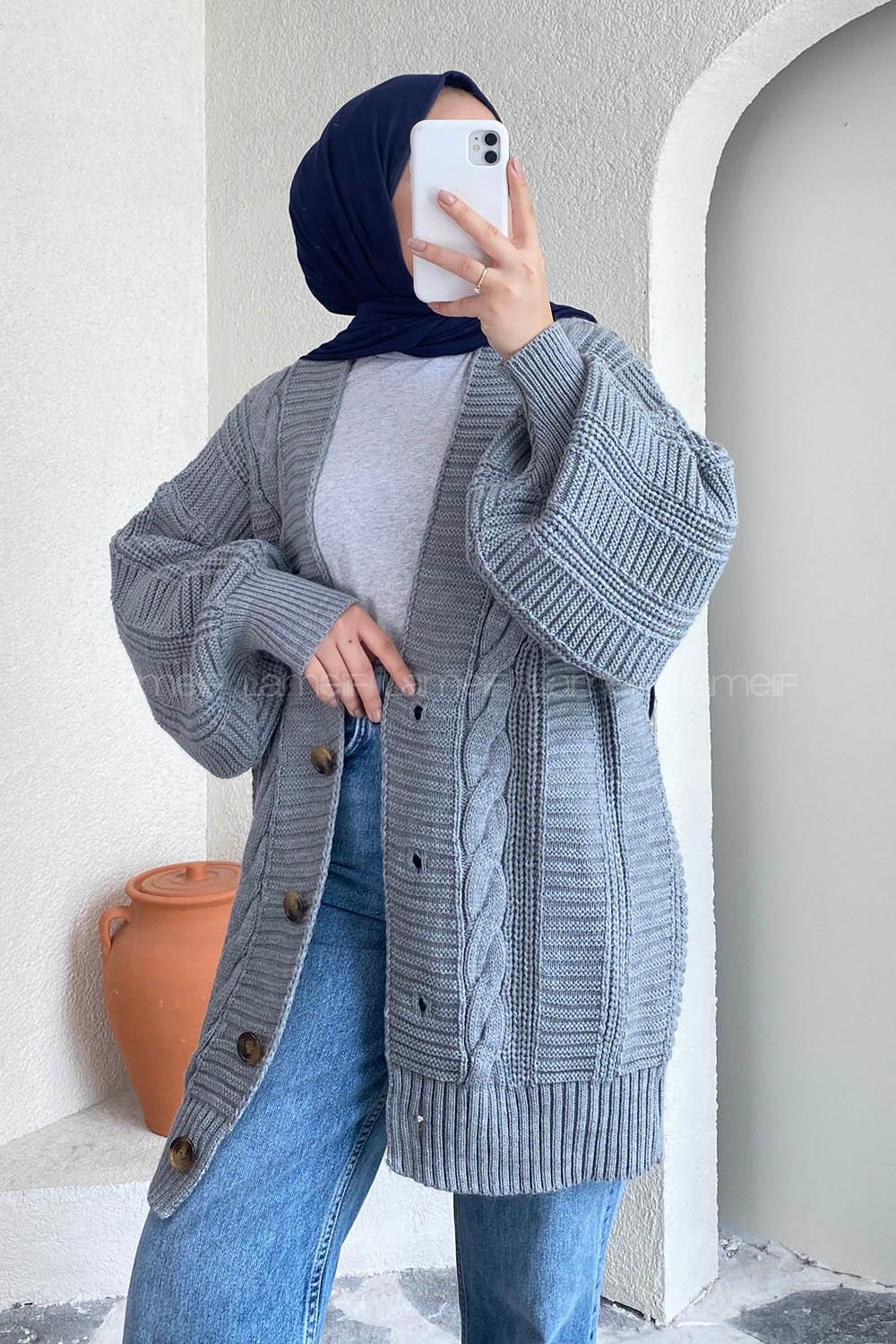 Modalamelif Balon Kol Örgü Desen Ön Düğmeli Hırka Gri