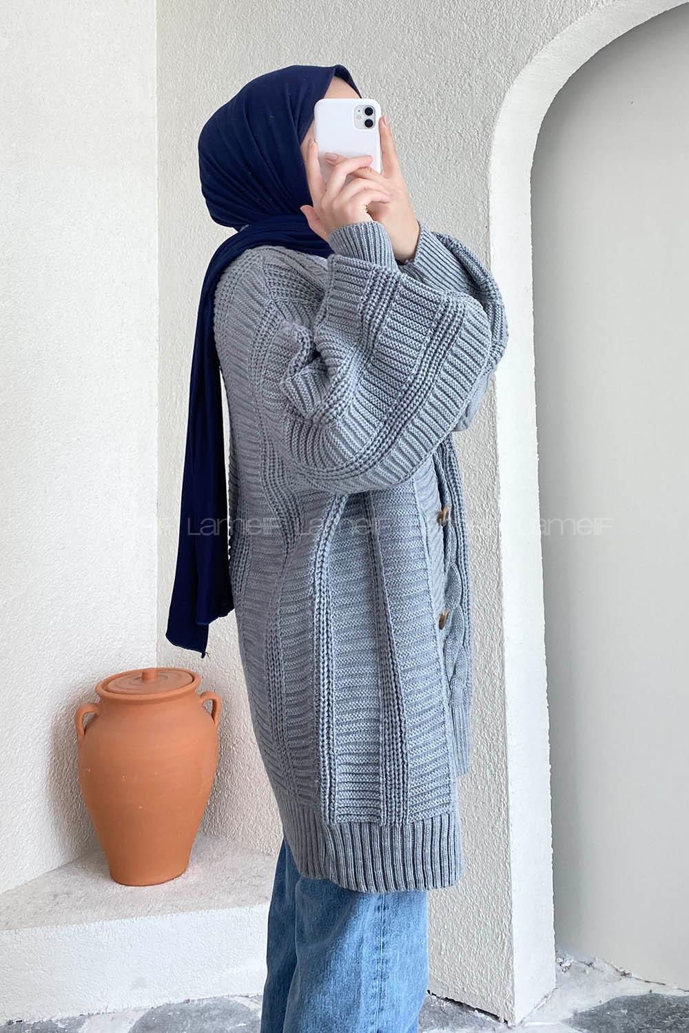 Modalamelif Balon Kol Örgü Desen Ön Düğmeli Hırka Gri