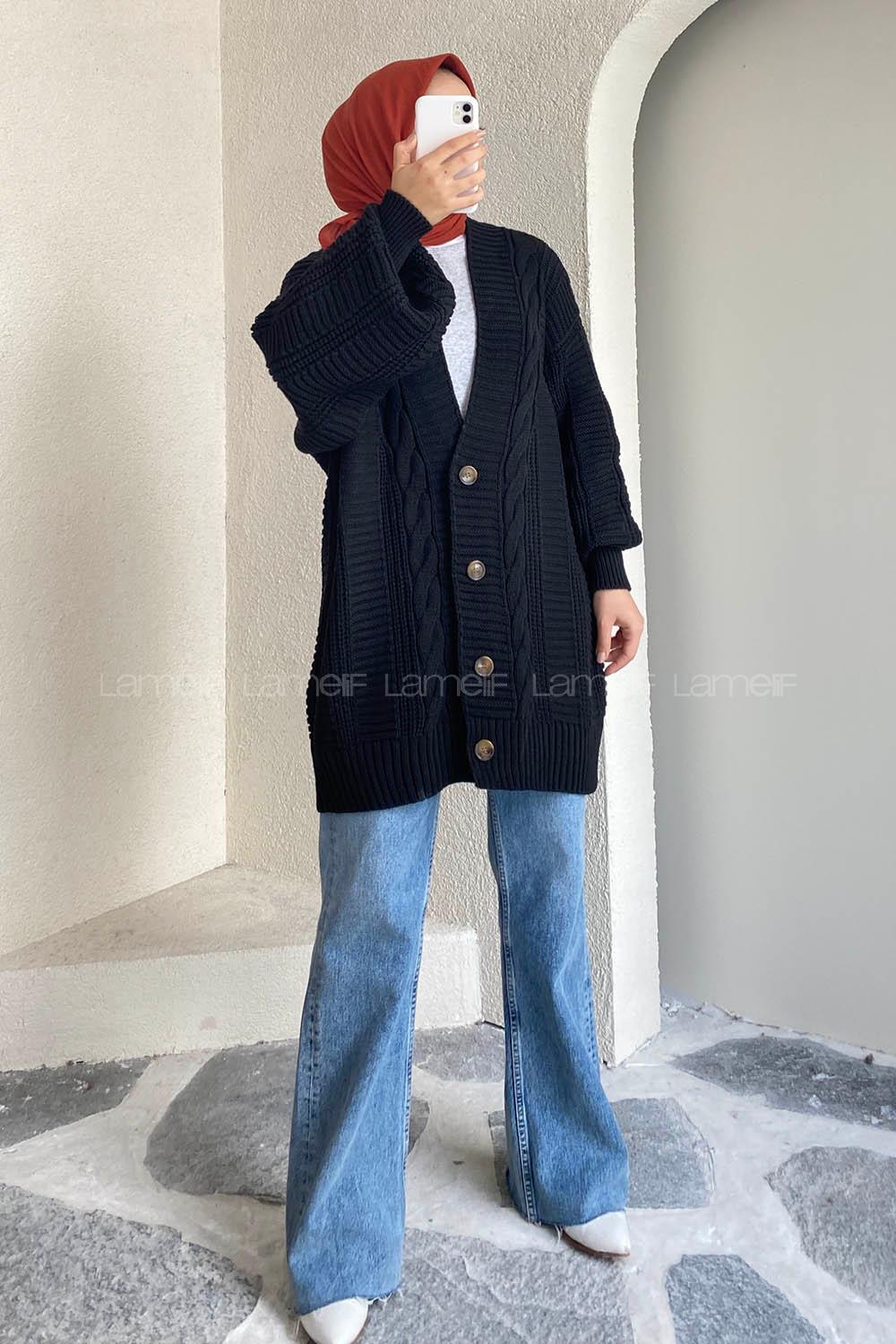 Modalamelif Balon Kol Örgü Desen Ön Düğmeli Hırka Siyah