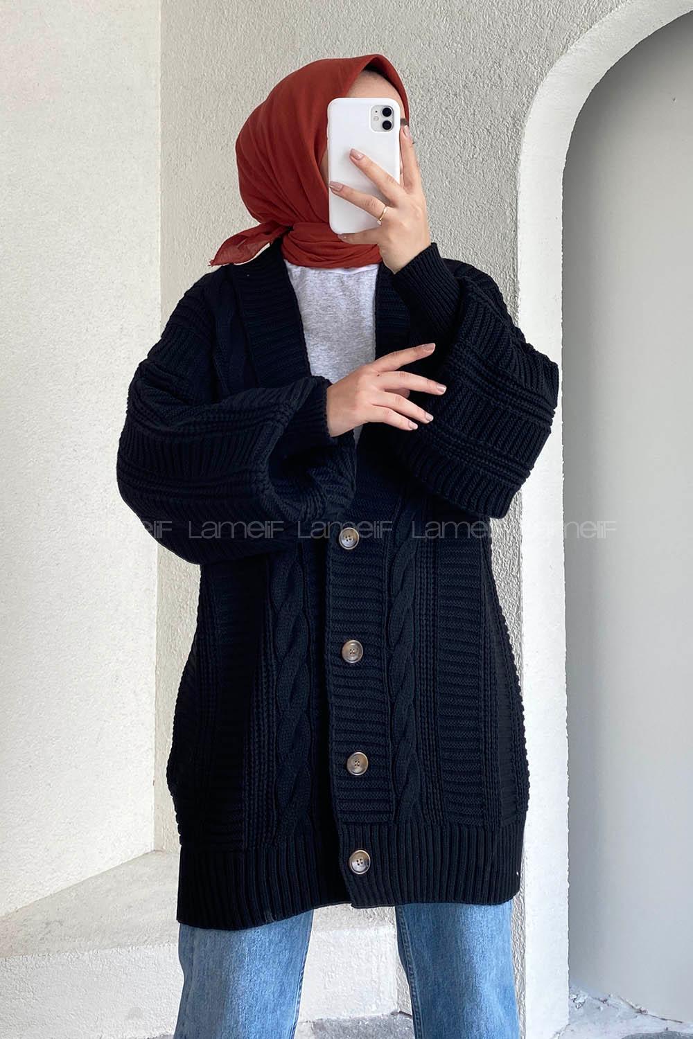 Modalamelif Balon Kol Örgü Desen Ön Düğmeli Hırka Siyah