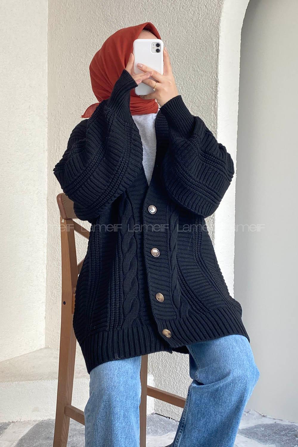 Modalamelif Balon Kol Örgü Desen Ön Düğmeli Hırka Siyah