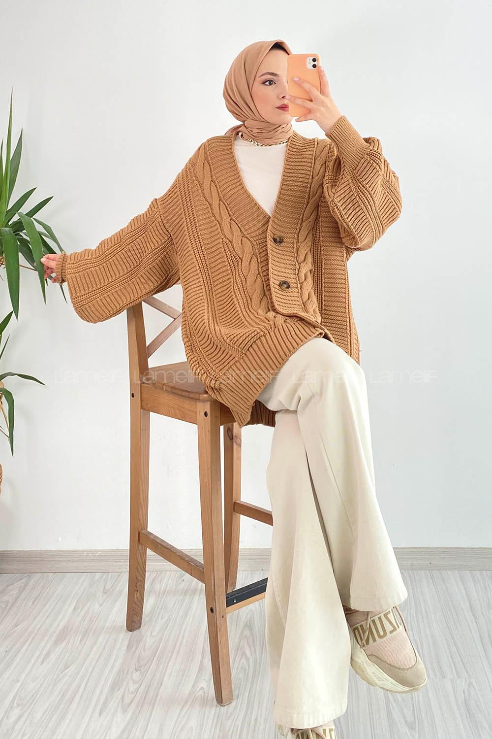 Modalamelif Balon Kol Örgü Desen Ön Düğmeli Hırka Sütlü Kahve