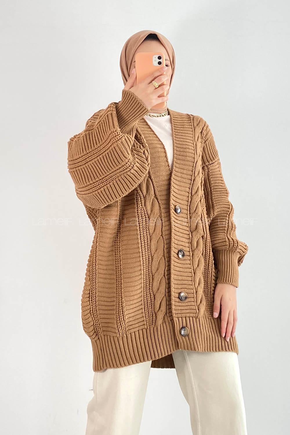 Modalamelif Balon Kol Örgü Desen Ön Düğmeli Hırka Sütlü Kahve