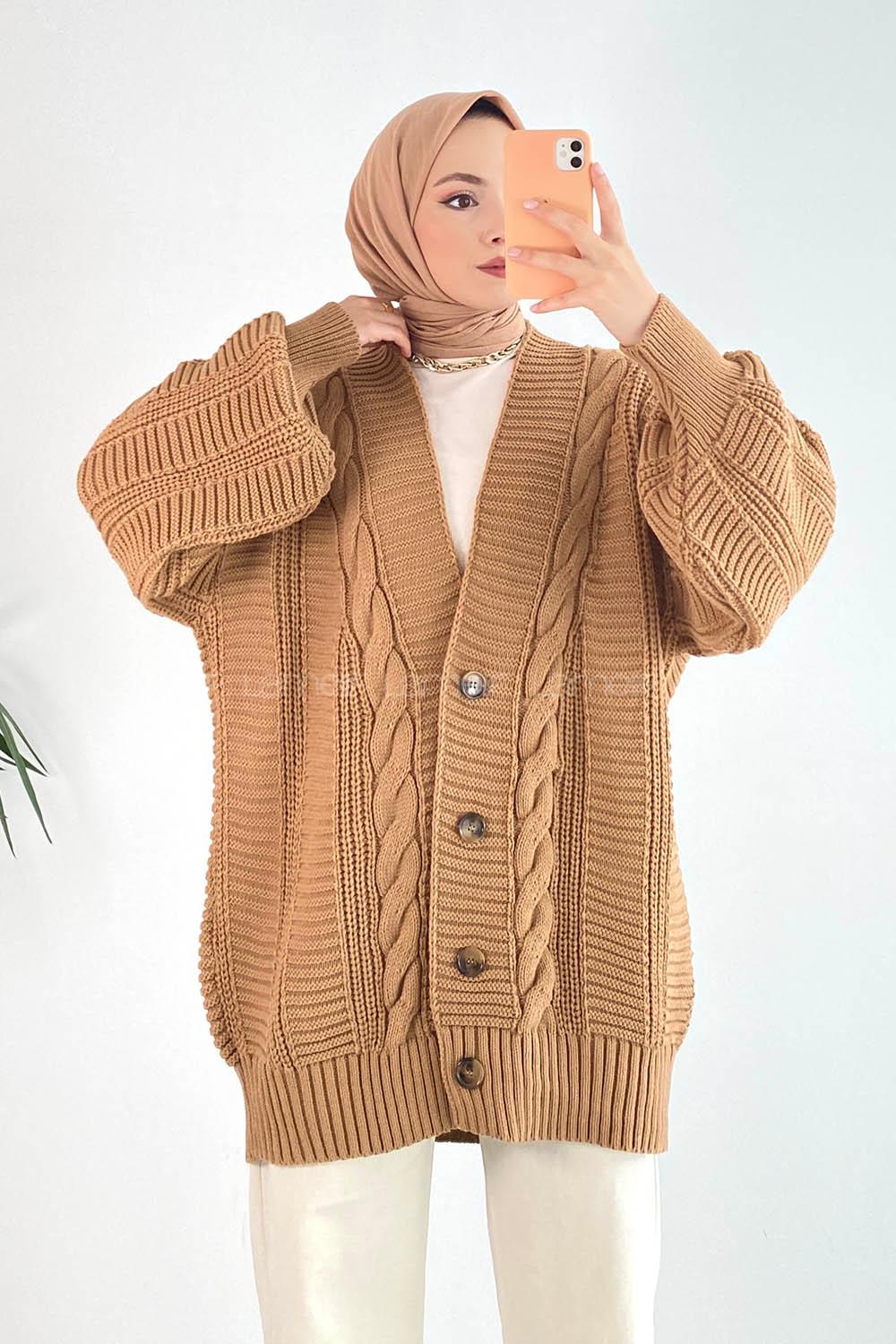 Modalamelif Balon Kol Örgü Desen Ön Düğmeli Hırka Sütlü Kahve