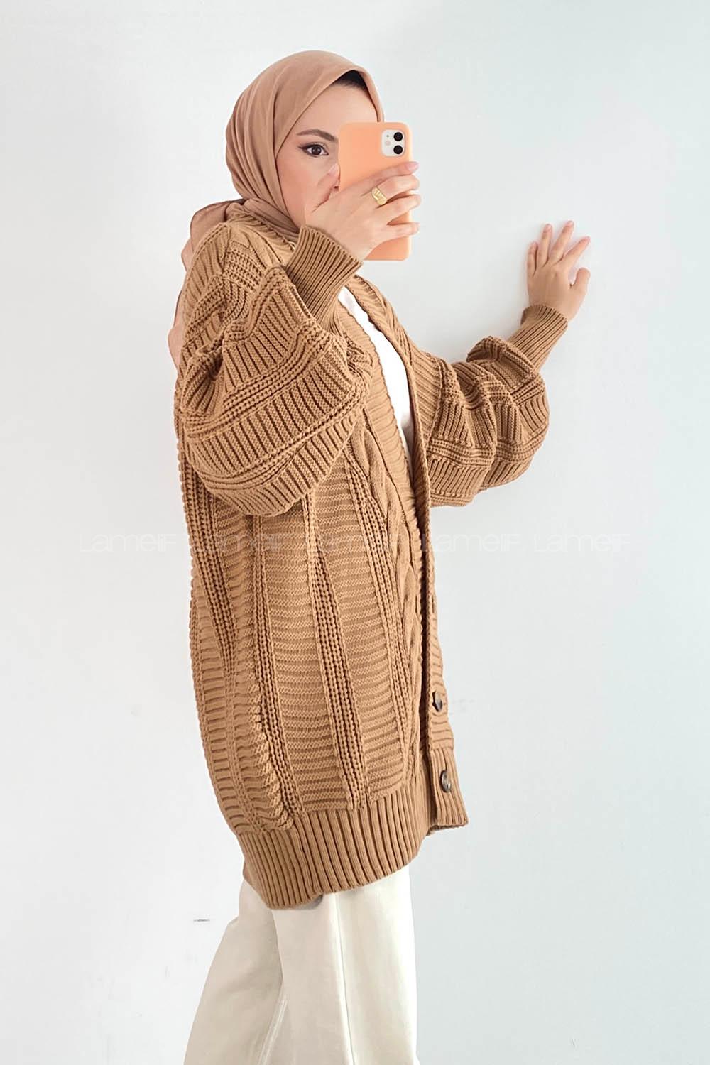 Modalamelif Balon Kol Örgü Desen Ön Düğmeli Hırka Sütlü Kahve