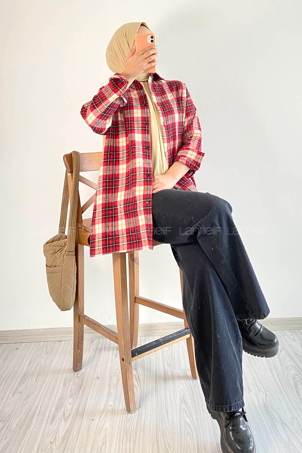 Modalamelif Önü Boydan Düğmeli Oduncu Ekose Gömlek Kırmızı