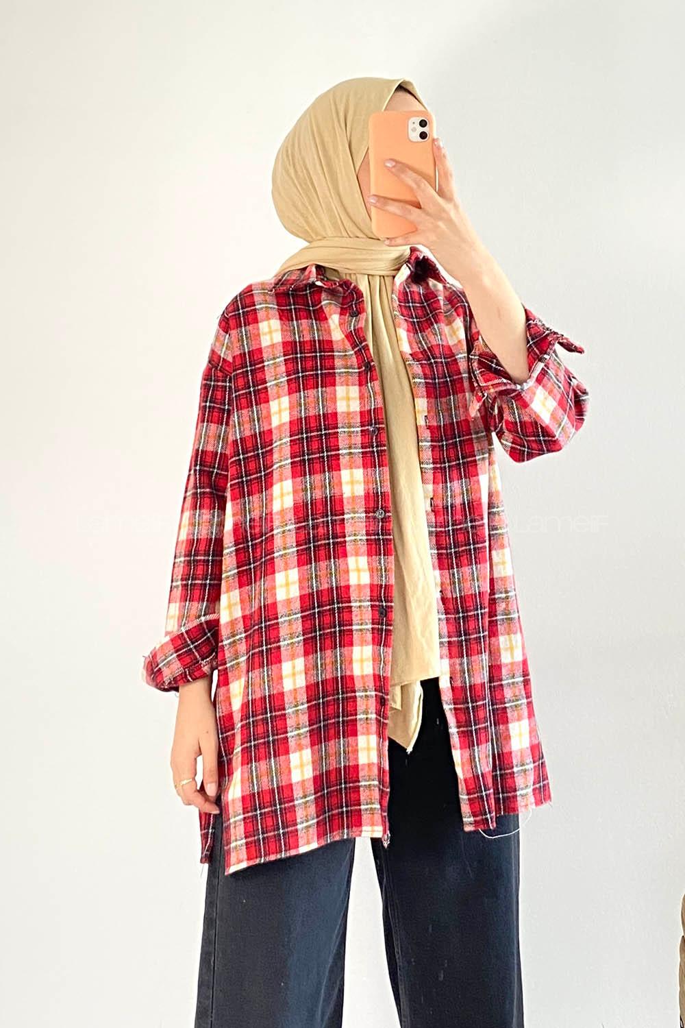 Modalamelif Önü Boydan Düğmeli Oduncu Ekose Gömlek Kırmızı
