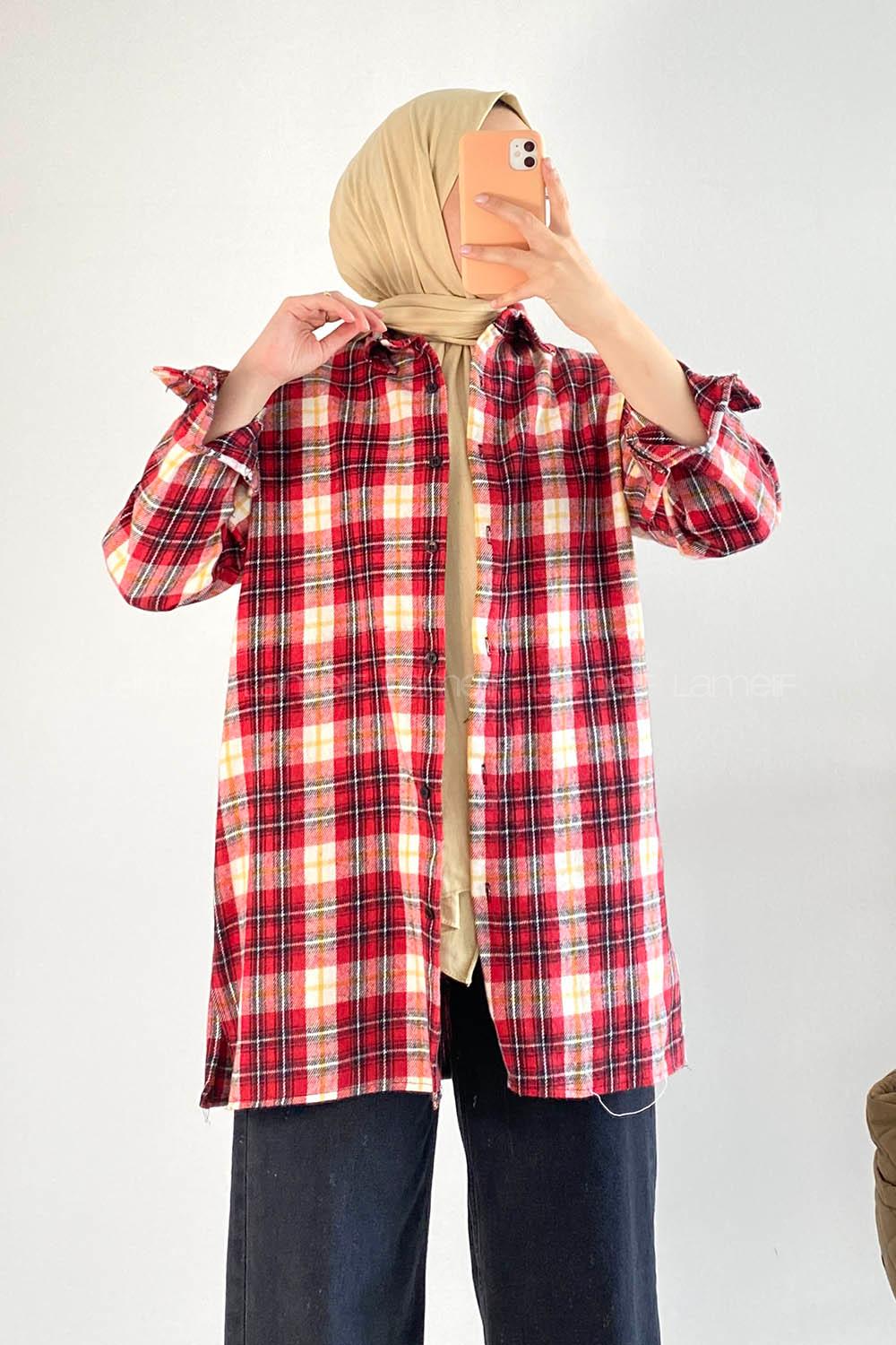 Modalamelif Önü Boydan Düğmeli Oduncu Ekose Gömlek Kırmızı