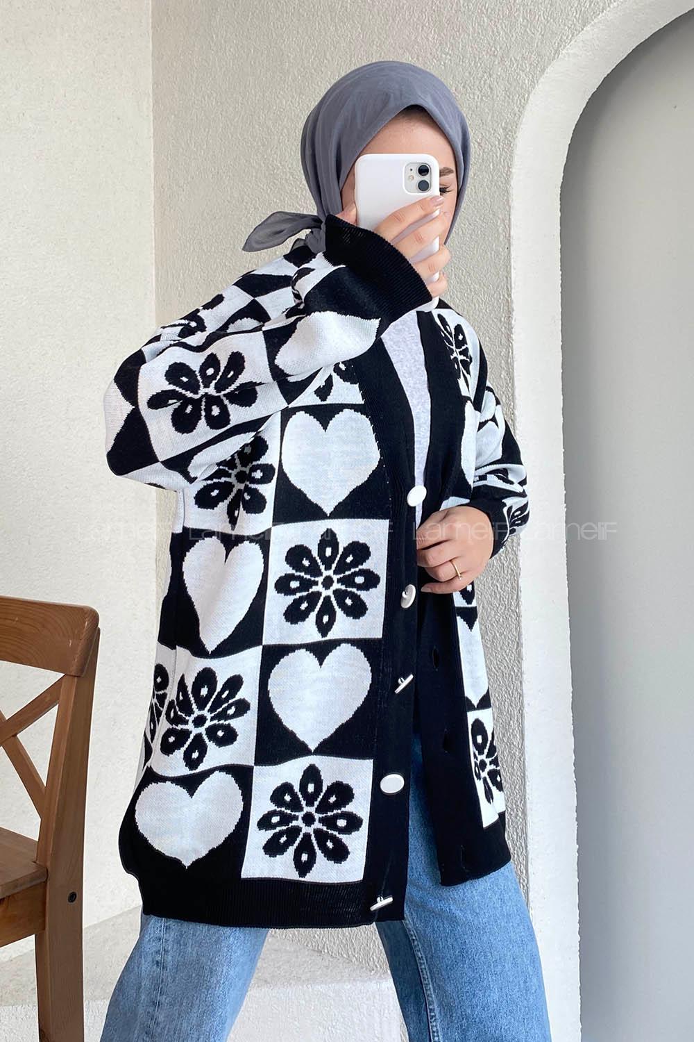 Modalamelif V Yaka Çiçek Desenli Düğme Detaylı Triko Hırka Siyah