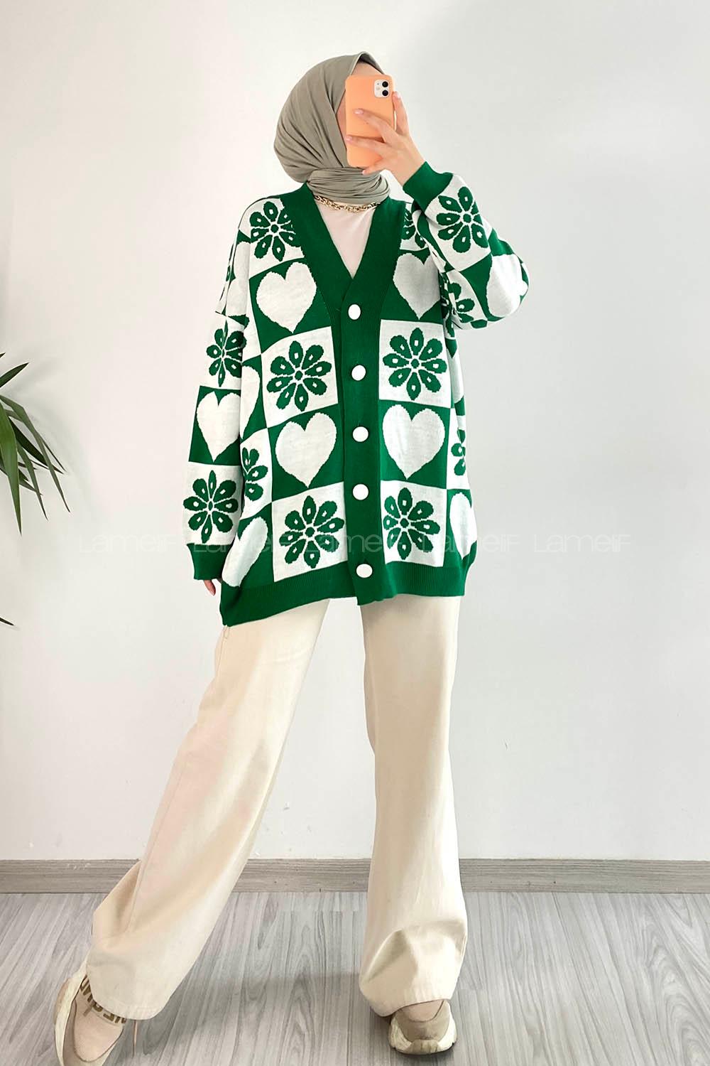 Modalamelif V Yaka Çiçek Desenli Düğme Detaylı Triko Hırka Yeşil