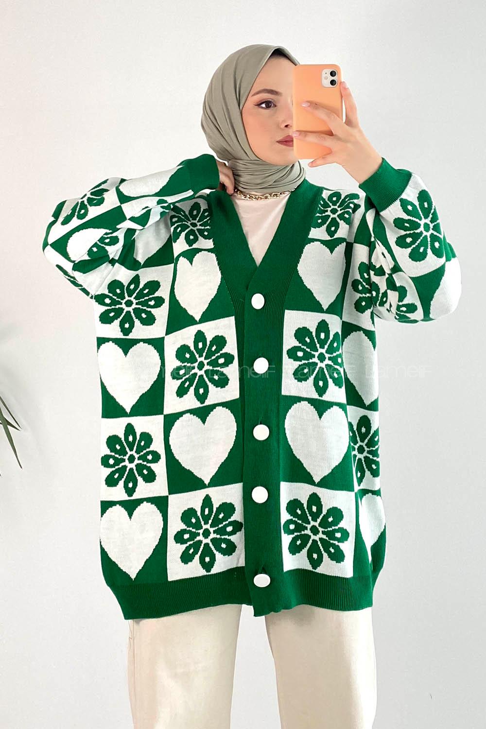 Modalamelif V Yaka Çiçek Desenli Düğme Detaylı Triko Hırka Yeşil