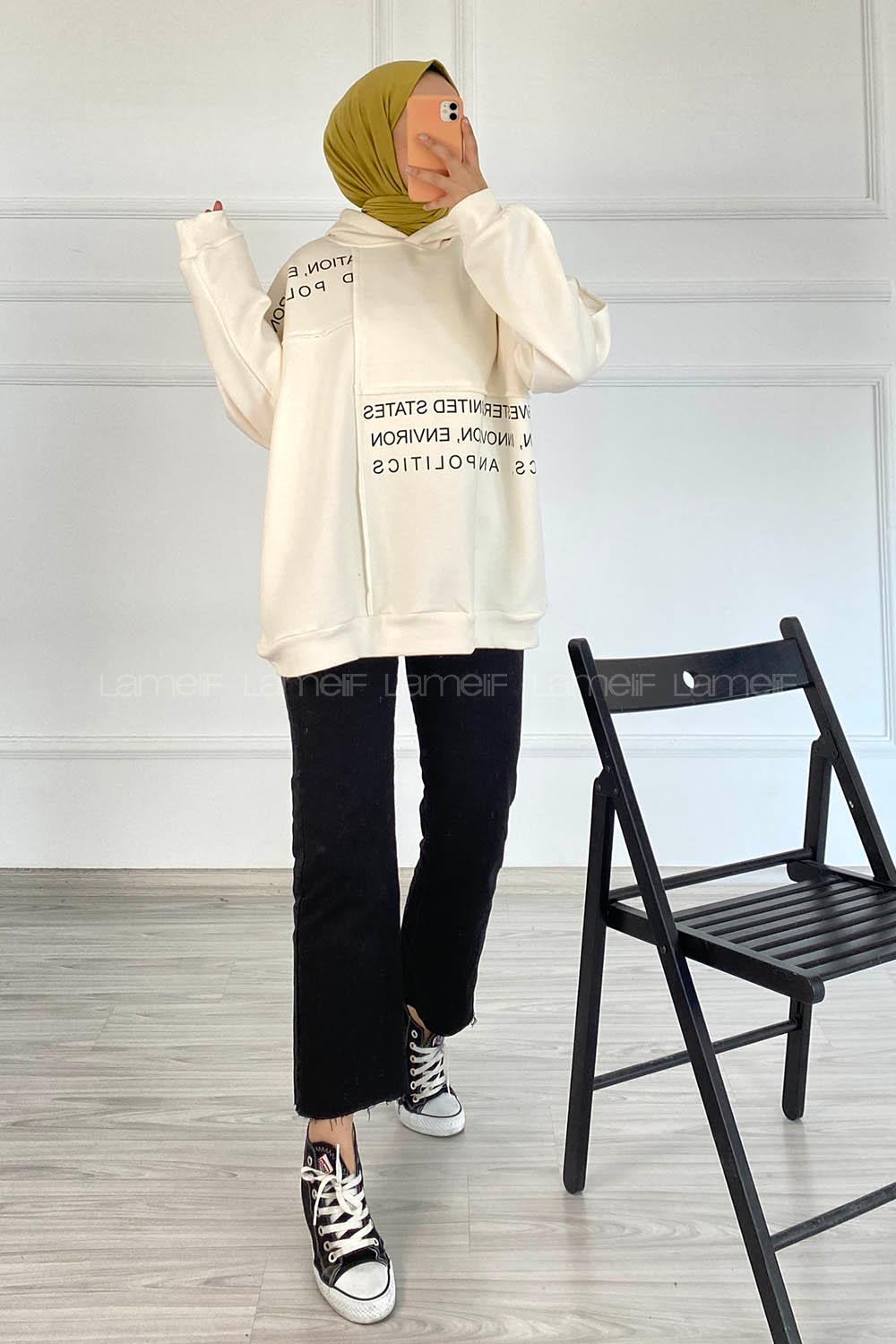 Modalamelif Dikişli Salaş Yazı Baskılı Sweatshırt Beyaz