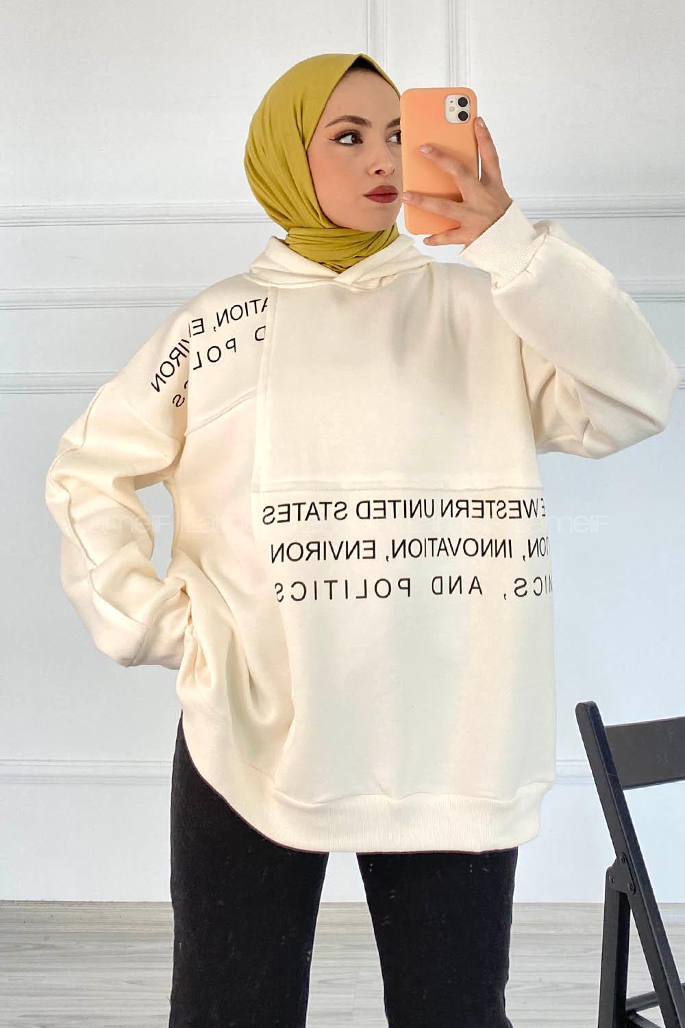 Modalamelif Dikişli Salaş Yazı Baskılı Sweatshırt Beyaz