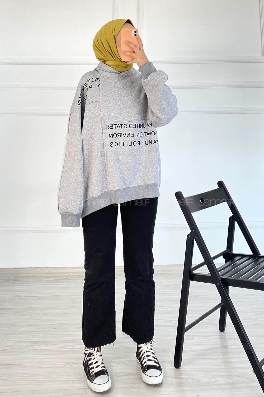 Modalamelif Dikişli Salaş Yazı Baskılı Sweatshırt Gri