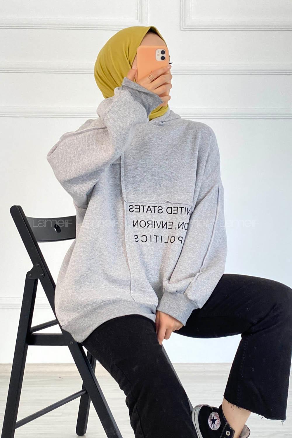 Modalamelif Dikişli Salaş Yazı Baskılı Sweatshırt Gri