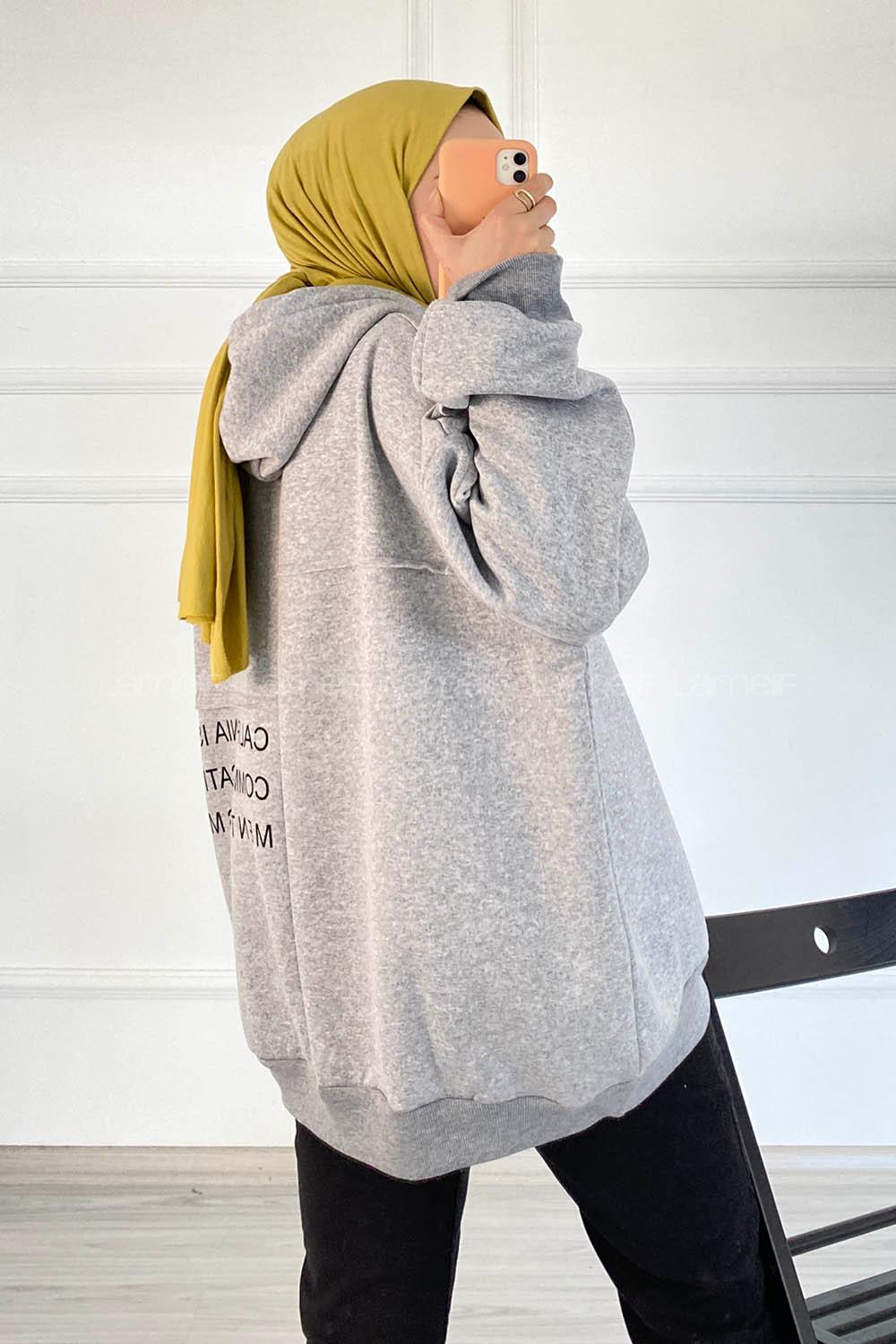 Modalamelif Dikişli Salaş Yazı Baskılı Sweatshırt Gri