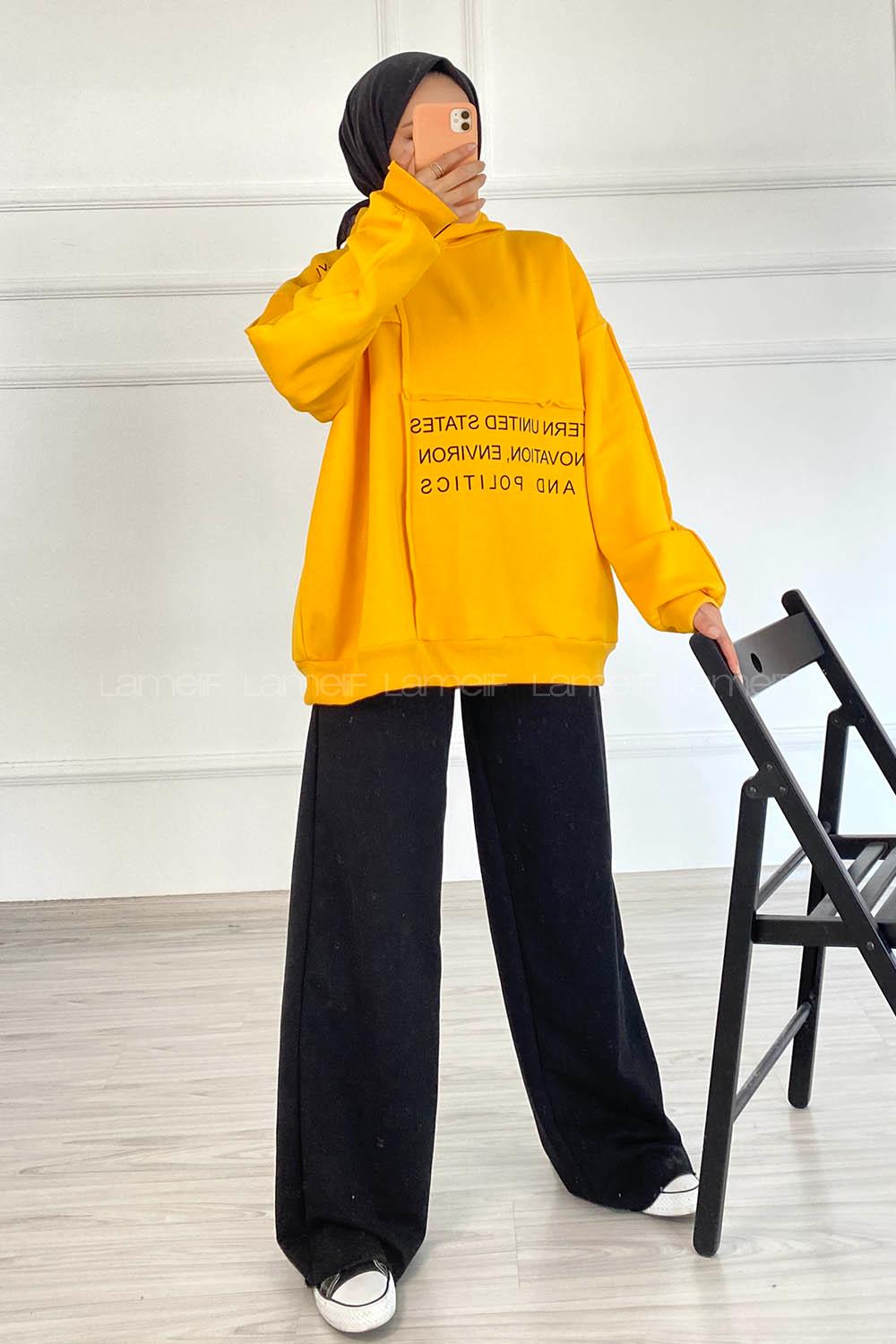 Modalamelif Dikişli Salaş Yazı Baskılı Sweatshırt Sarı