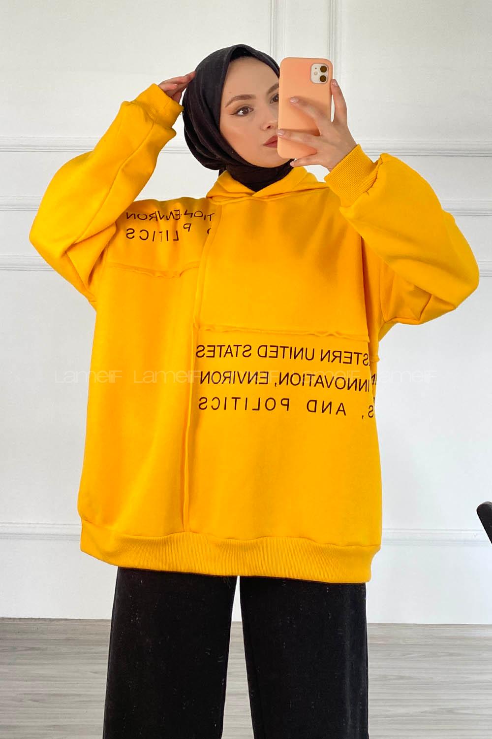 Modalamelif Dikişli Salaş Yazı Baskılı Sweatshırt Sarı