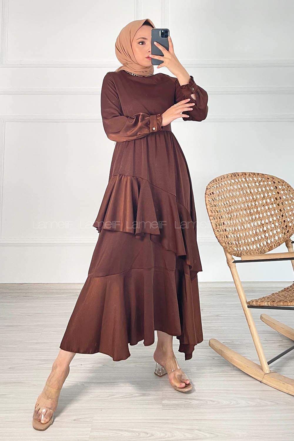 Modalamelif Etek Ucu Fırfır Detaylı Kemerli Saten Elbise Acıkahve