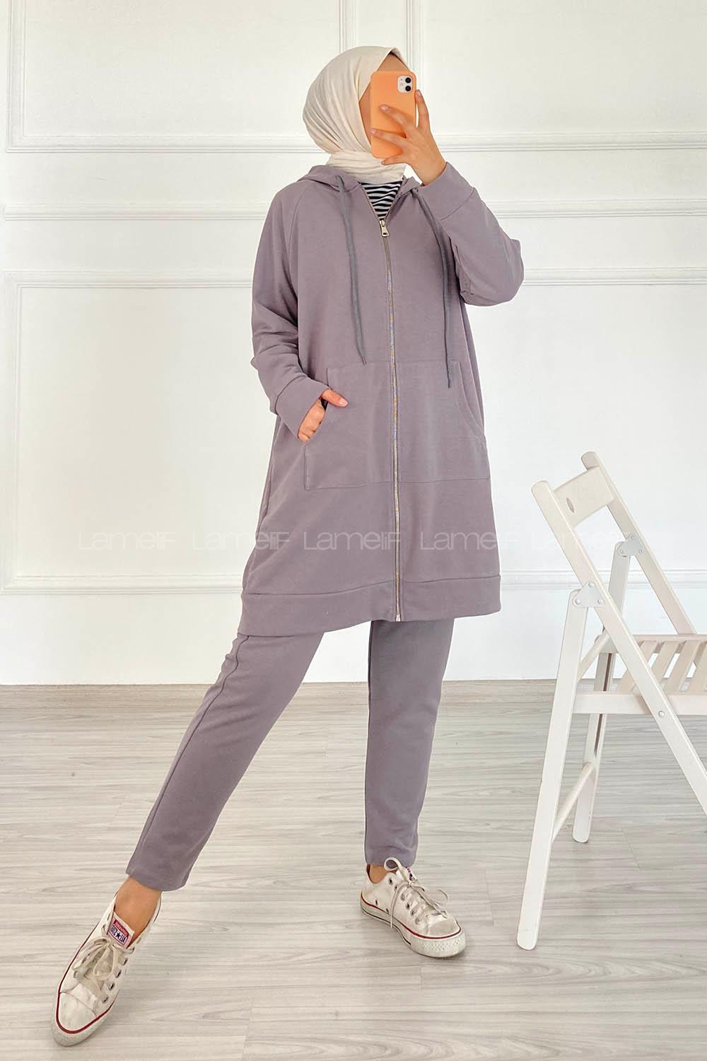 Modalamelif Önü Fermuarlı Kapşonlu İkili Takım Gri