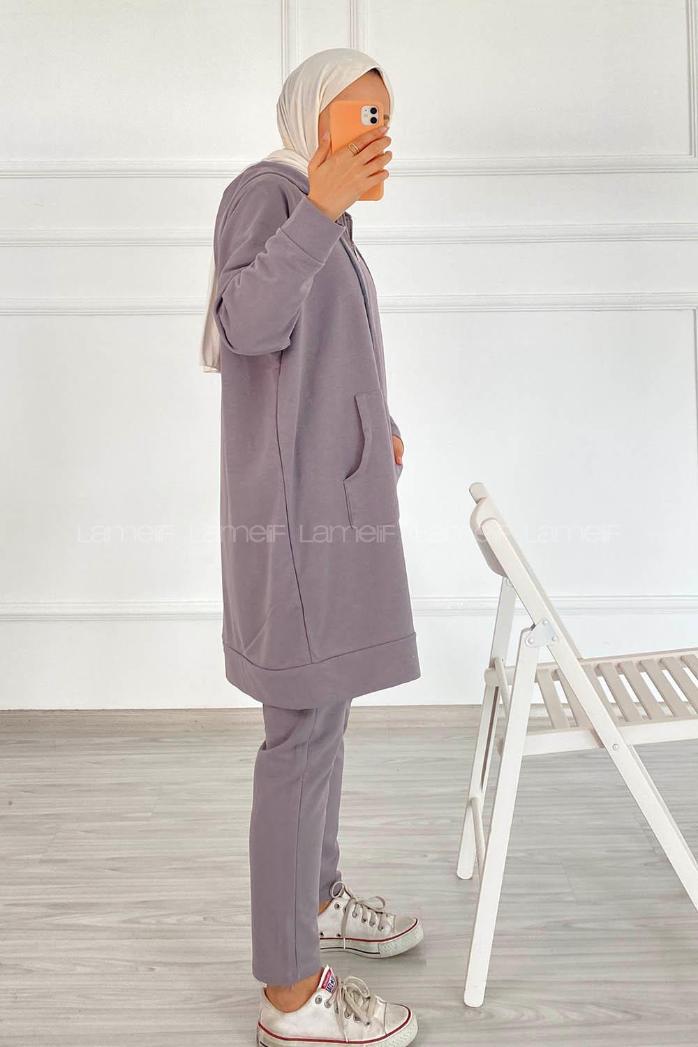 Modalamelif Önü Fermuarlı Kapşonlu İkili Takım Gri