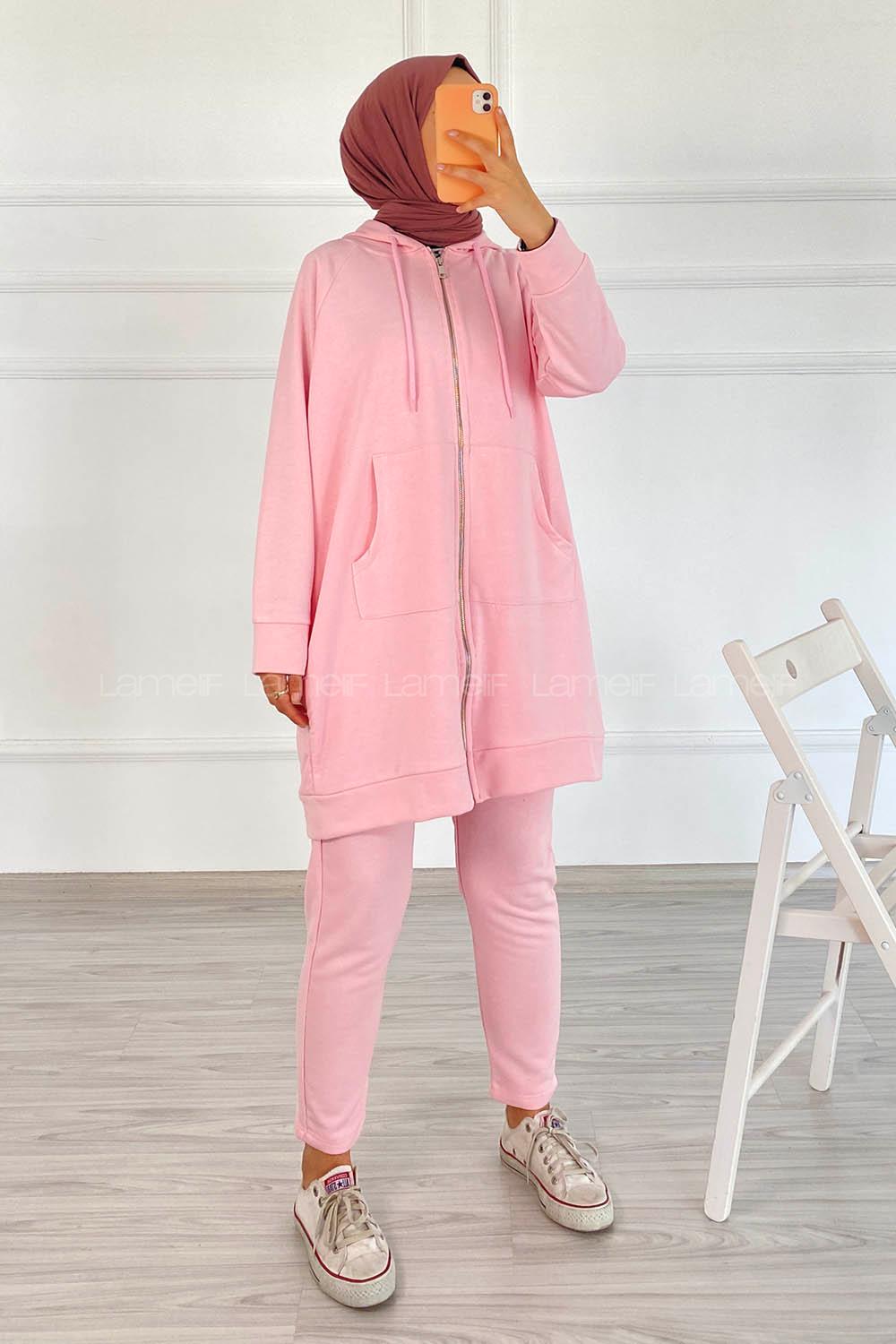 Modalamelif Önü Fermuarlı Kapşonlu İkili Takım Pudra