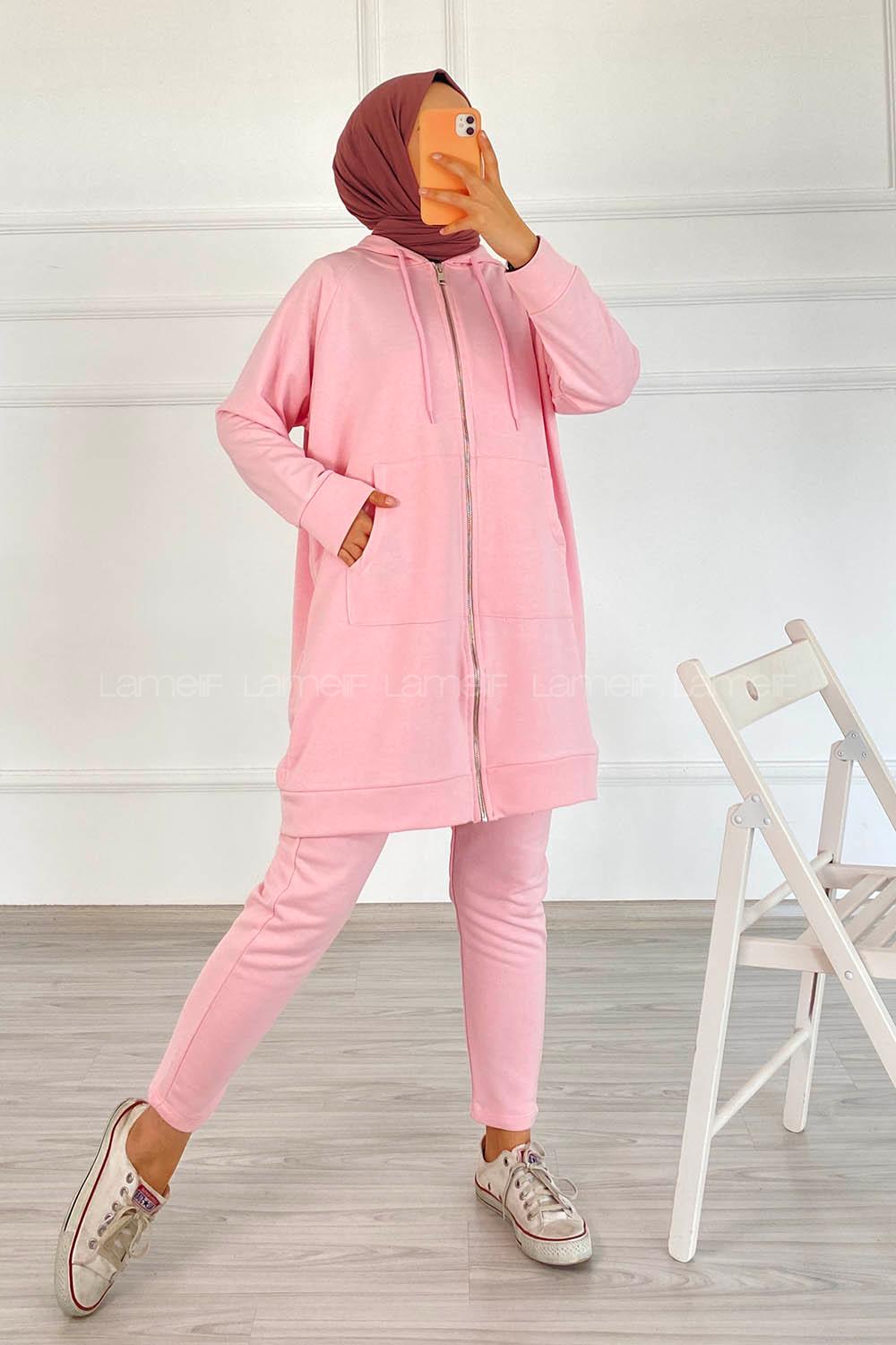 Modalamelif Önü Fermuarlı Kapşonlu İkili Takım Pudra
