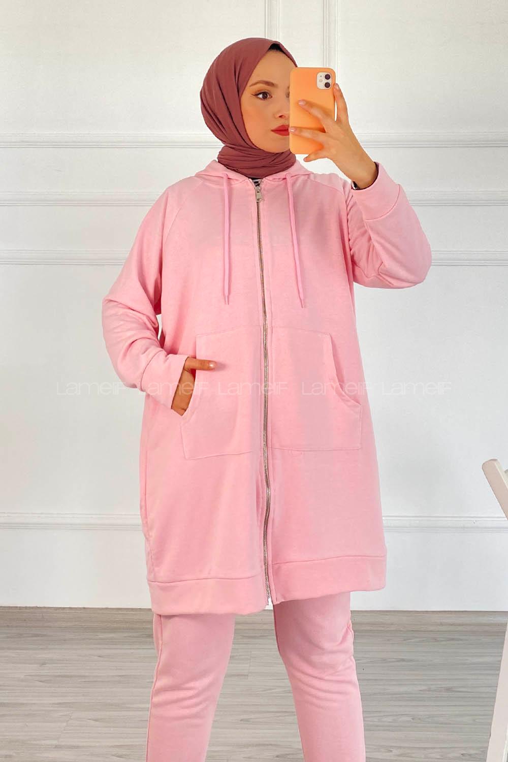 Modalamelif Önü Fermuarlı Kapşonlu İkili Takım Pudra
