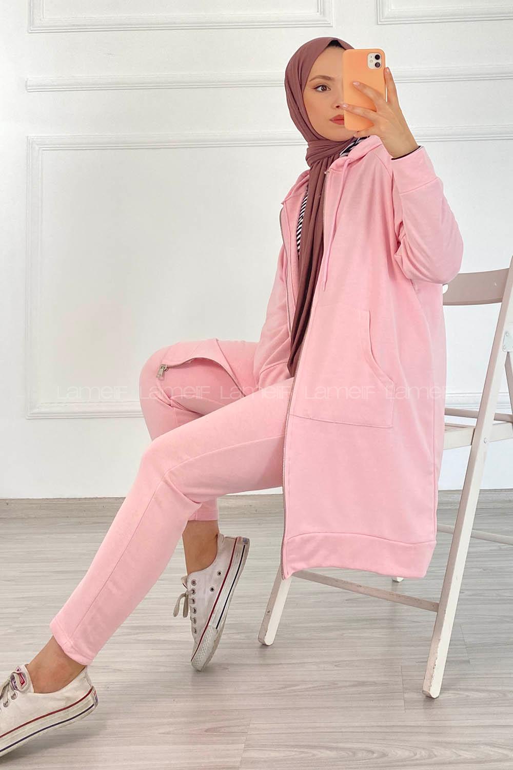 Modalamelif Önü Fermuarlı Kapşonlu İkili Takım Pudra