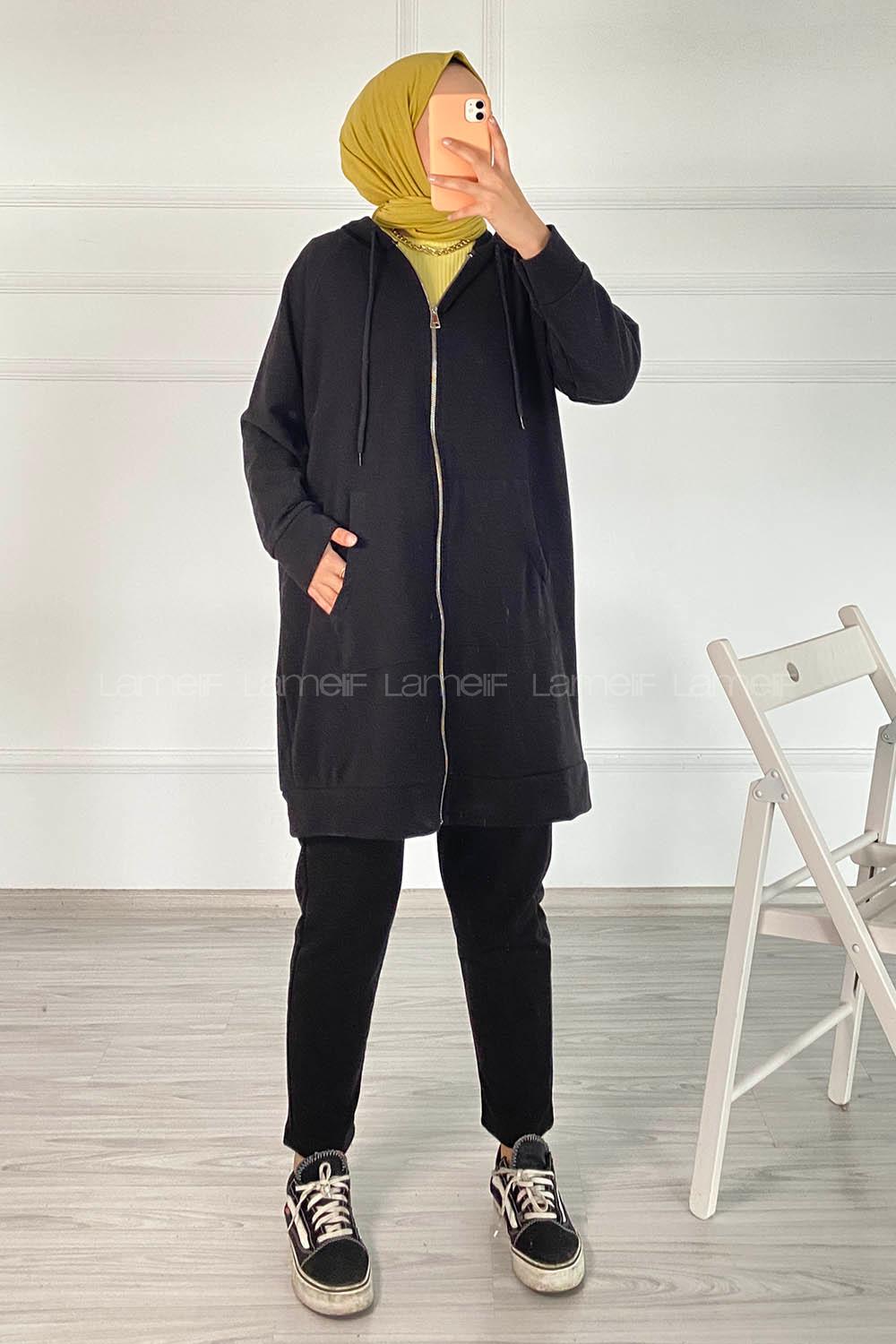 Modalamelif Önü Fermuarlı Kapşonlu İkili Takım Siyah