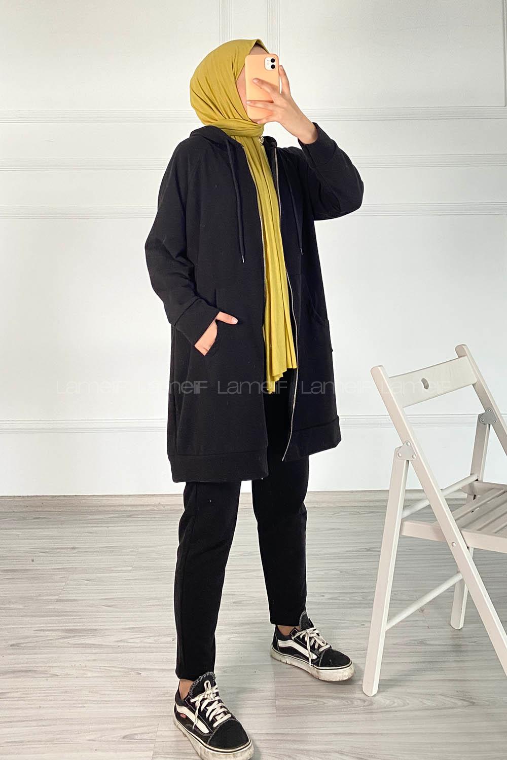 Modalamelif Önü Fermuarlı Kapşonlu İkili Takım Siyah