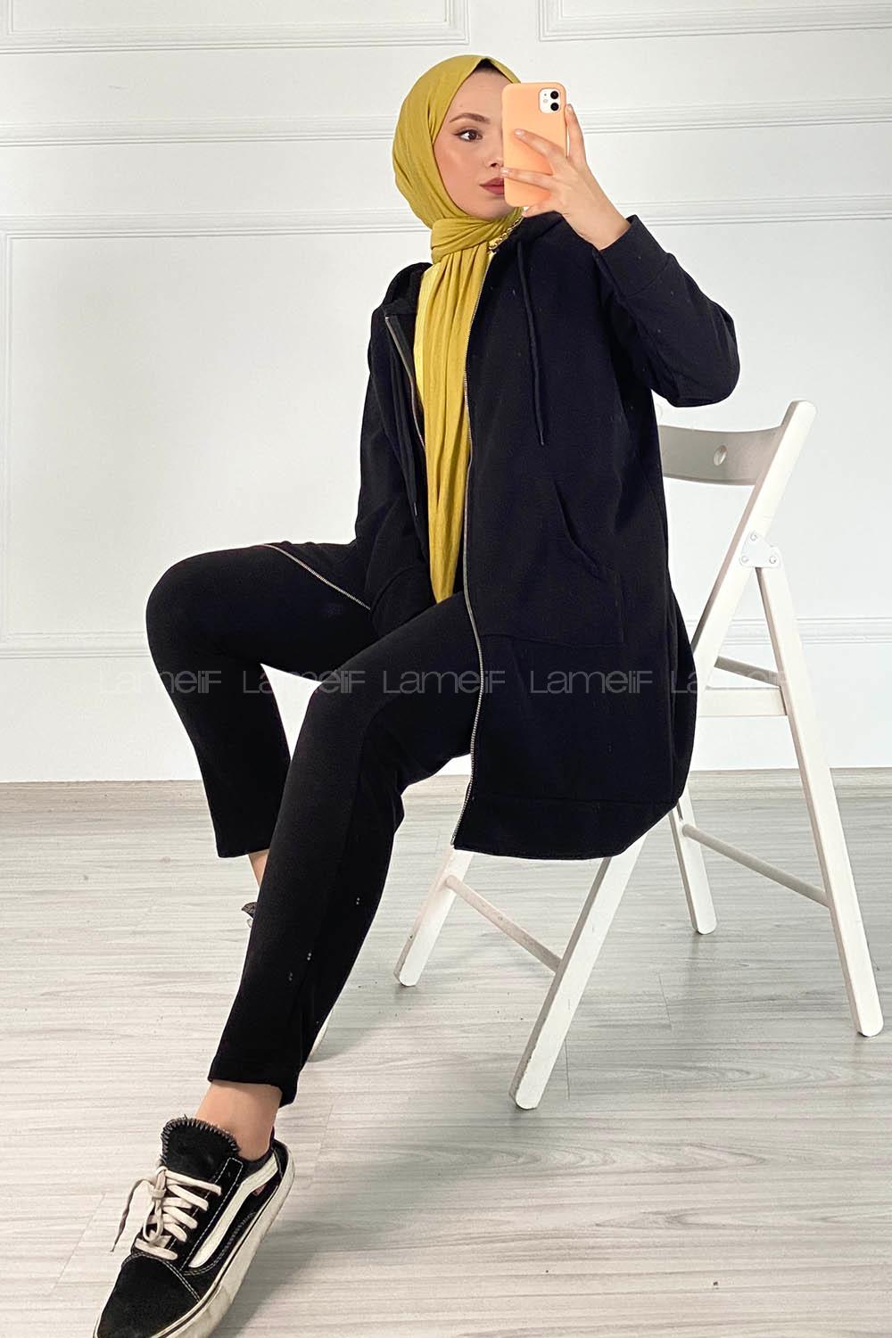 Modalamelif Önü Fermuarlı Kapşonlu İkili Takım Siyah