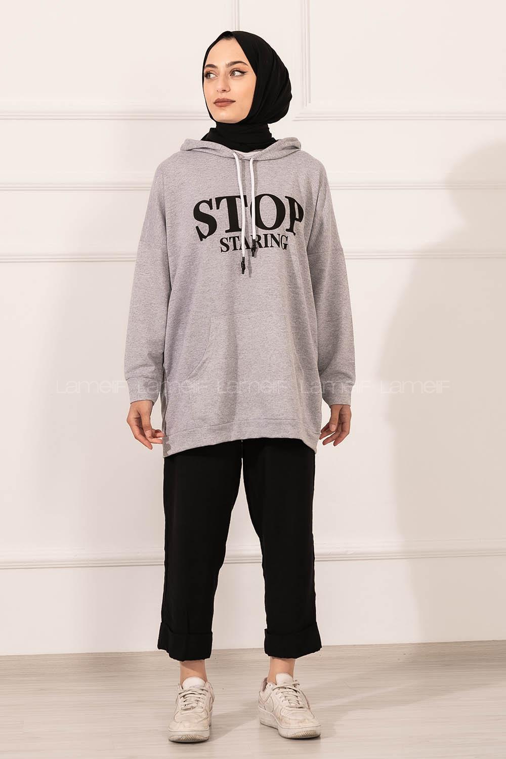 Modalamelif Stop Yazı Baskılı Sweat Gri