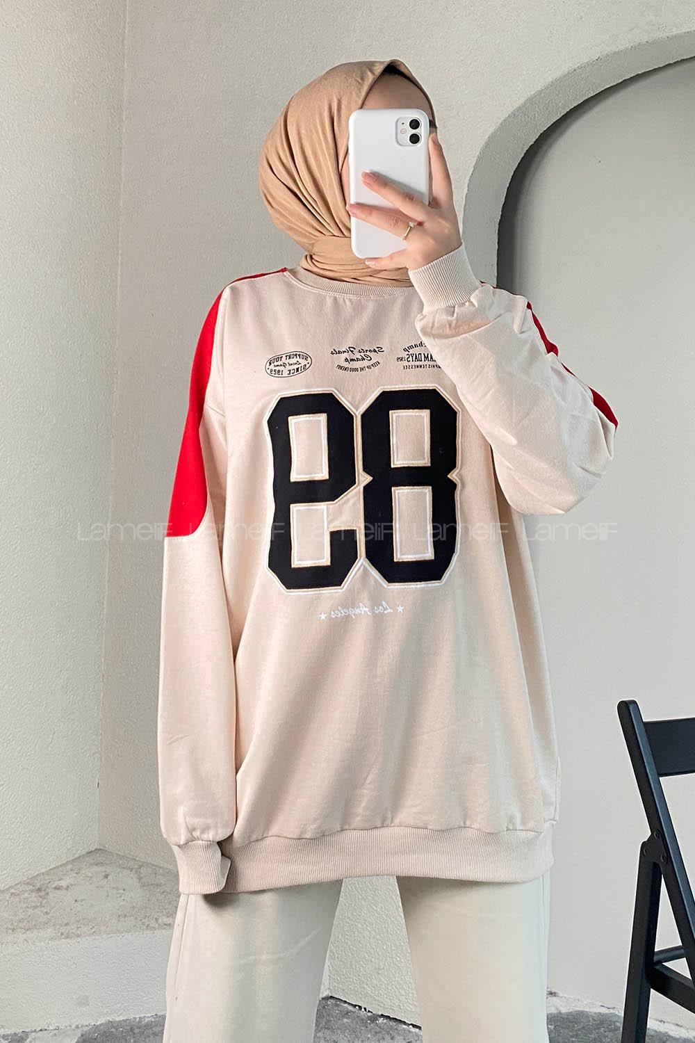 Modalamelif 89 Aplike Nakışlı Bisiklet Yaka Renk Garnili Sweat Bej