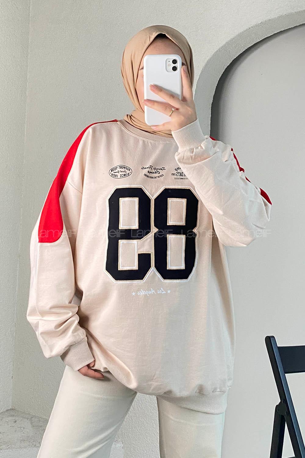 Modalamelif 89 Aplike Nakışlı Bisiklet Yaka Renk Garnili Sweat Bej